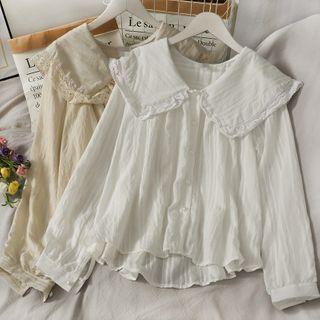 Peter Pan-collar Ruffled-trim Loose Blouse
