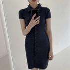 Short-sleeve Button-up Mini Sheath Denim Dress