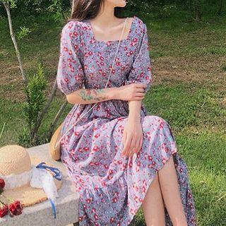 Floral Square-neck Shirt-sleeve Dress As Shown In Figure - One Size