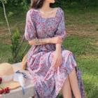 Floral Square-neck Shirt-sleeve Dress As Shown In Figure - One Size