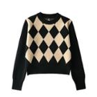 Long Sleeve Argyle Print Sweater Khaki - One Size