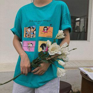 Short-sleeve Graphic Print T-shirt Bluish Green - One Size