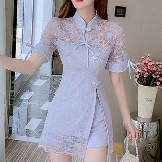 Set: Short-sleeve Lace A-line Qipao + Shorts