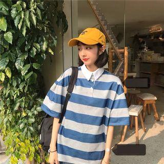 Elbow-sleeve Striped Polo Shirt Stripe - Blue - One Size