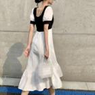 Two-tone Square-neck Short-sleeve Midi A-line Dress Black & White - One Size