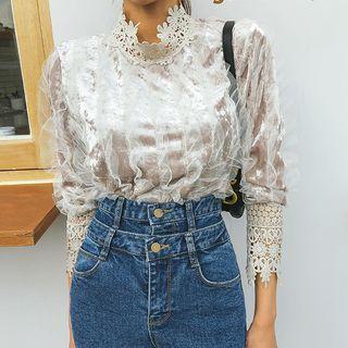 Mock-neck Laced Frilled Velvet Top