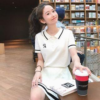 Set: Short-sleeve Polo Neck Knit Top + Knit Skirt
