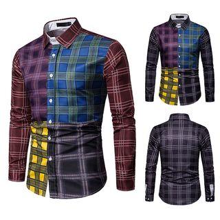 Long-sleeve Color Block Plaid Shirt