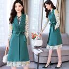 Set: Open Front Long Vest + Long-sleeve Floral Print A-line Dress