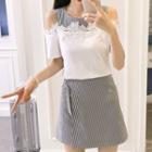 Set: Cold Shoulder Short-sleeve Top + Striped A-line Skirt