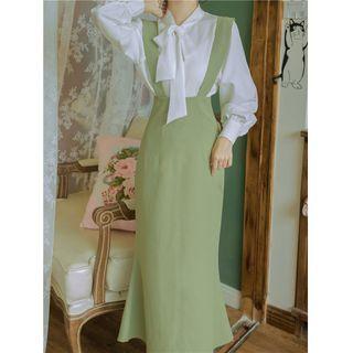 Set: Lantern-sleeve Blouse + Midi Sheath Overall Dress