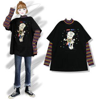 Mock Two-piece Mock-turtleneck Printed Long-sleeve T-shirt