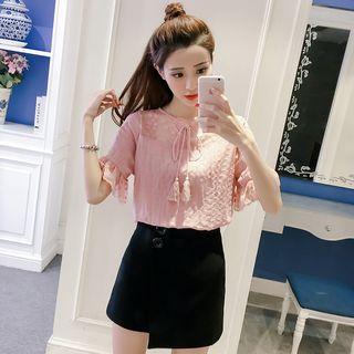 Short-sleeve Lace Yoke Blouse With Tassel