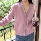 Color Block V-neck Cardigan Purple - One Size
