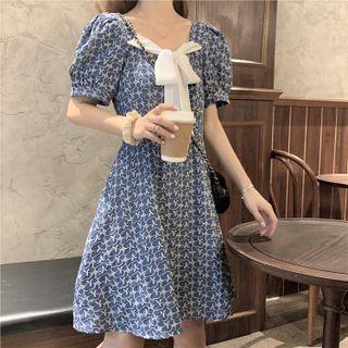 Short-sleeve Bow Print Mini Dress