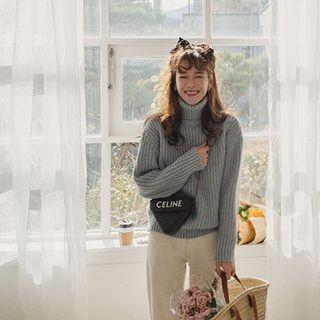 Turtleneck Woolen Rib-knit Sweater
