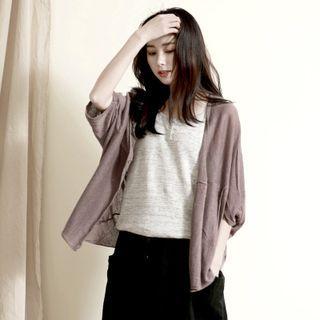 Elbow-sleeve Plain Cardigan Coffee - One Size