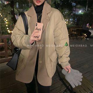 Mock Two-piece Quilted Button Coat Khaki - One Size