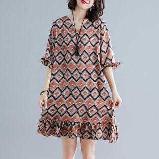 Elbow-sleeve Pattern Dress As Shown In Figure - One Size