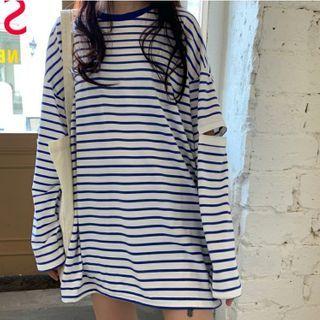 Striped Long-sleeve Loose-fit Top Blue - One Size
