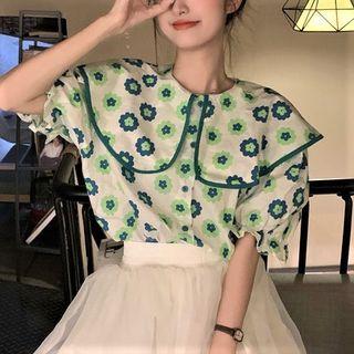 Elbow-sleeve Floral Print Blouse Top - White & Blue & Green - One Size