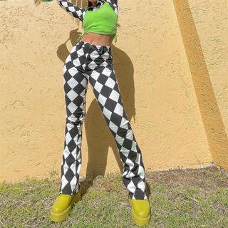High-waist Argyle Print Boot-cut Pants