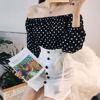 Dotted Off Shoulder Long Sleeve Cropped Top