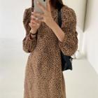 Leopard Print Balloon-sleeve Midi A-line Dress
