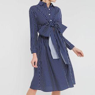 Long-sleeve Striped Bow Midi Shirtdress