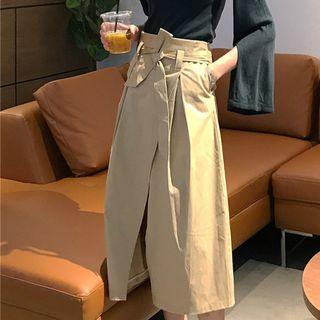 Waist-tied Slit-front Midi Skirt
