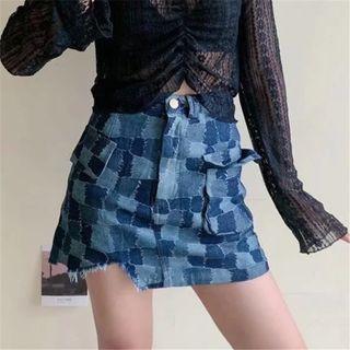 High-waist Patchwork Distressed Mini Denim Skirt