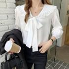 Long-sleeve Lace Trim Bow Accent Blouse