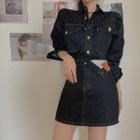 Washed Denim Button-up Shirt / High-waist Washed A-line Mini Skirt