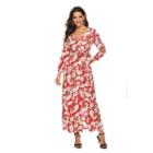 Flower Print Long-sleeve Slit Maxi A-line Dress
