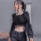 Long-sleeve Off-shoulder Crop Top Black - One Size