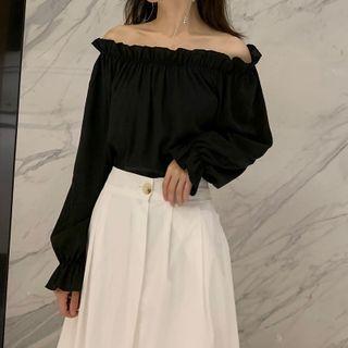 Long-sleeve Off-shoulder Ruffle Trim Plain Top