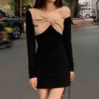 Long-sleeve One-shoulder Two-tone Mini Bodycon Dress