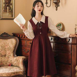Set: Long-sleeve Collared Two-tone Midi A-line Dress + Bowtie