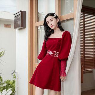 Lantern-sleeve Velvet Midi A-line Dress