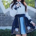 Set: Mandarin Collar Blouse + Rabbit Embroidered A-line Skirt
