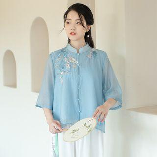 Mandarin Collar Embroidered Blouse / Wide Leg Pants