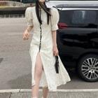 Puff-sleeve Lace Slit Midi A-line Dress