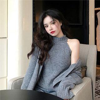 Plain Crewneck Slim-fit Off-sleeve Knit Top / Plain Loose-fit Long-sleeve Knit Cardigan