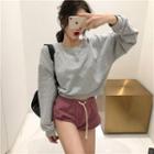 Plain Long-sleeve Cropped Pullover Gray - One Size