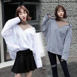 V-neck Mesh Panel Striped Loose-fit Blouse