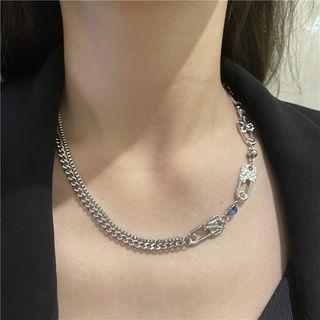 Rhinestone Alloy Necklace Blue Rhinestone - Silver - One Size