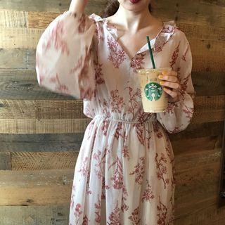 Long-sleeve Floral Print A-line Midi Chiffon Dress