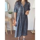Notched-lapel Checked Long Dress One Size