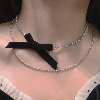 Bow Rhinestone Layer Necklace Double Layer - Black Bow - Silver - One Size
