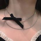 Bow Rhinestone Layer Necklace Double Layer - Black Bow - Silver - One Size